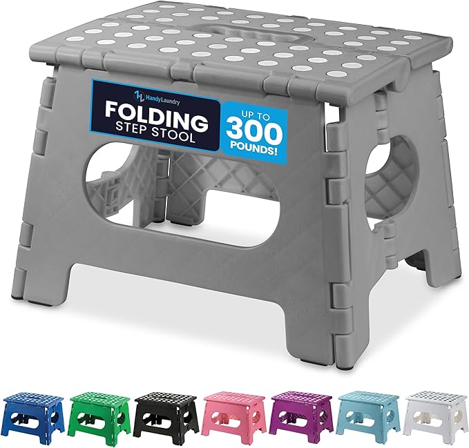 Handy Laundry Folding Step Stool 9 Inch, Grey, Non-Slip Holds 300 lbs | 9 Inch, Grey, Foldable Collapsible Step Stool, Non-Slip, Holds 300 lbs, Kitchen Bathroom Bedroom, Adults by Handy+Laundry