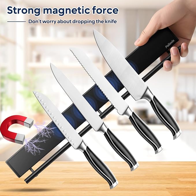 17 inch magnetic knife holder with 10 hooks, No Drilling black knife magnetic strip and utensil hanger for wall, Powerful knife magnet rack include tape and screws - Image 4