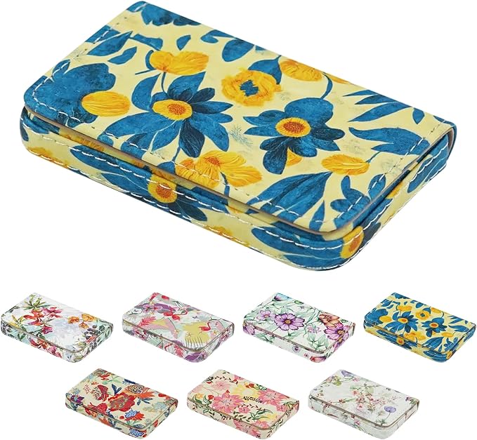 Business Card Holder，PU Leather Business Card Case Color Printing Pattern Card Holder Wallet，Pockets Magnetic Credit Card Holders for Men and Women - Pink Flowers by AI-DEE