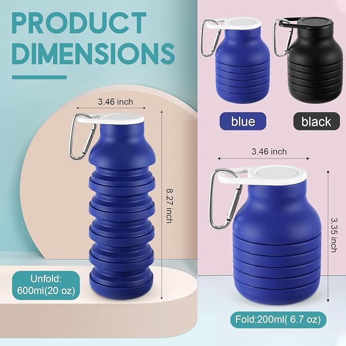 LemonRoad 2 Pcs 20 oz Portable Collapsible Water Bottles Reusable Silicone Foldable Water Bottle Lightweight Leakproof Expandable for Gym Traveling Camping Hiking Sports (Black,Navy Blue) - Image 2