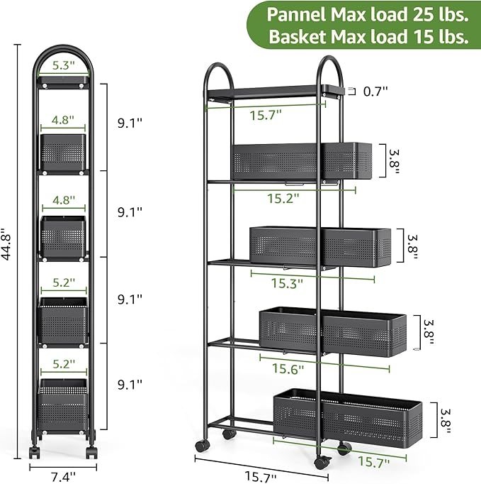 KINGRACK 5 Tier Slim Rolling Cart with Drawer, Metal Utility Storage Cart | 4 Pull-out Baskets, Lockable Wheels, Narrow Space Trolley Organizer for Bathroom, Kitchen, Office, Dorm, Laundry Room, Black - Image 2