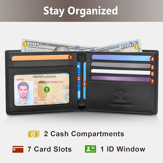 Travelambo Leather Wallet for Men, Slim Minimalist RFID Credit Card Holder | Mens Thin Bifold Pocket Wallet, Gift for Father, Black - Image 2