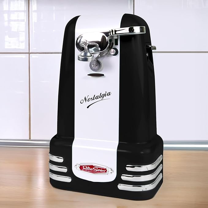 Nostalgia Retro Electric Can Opener for Kitchen with Magnetic Lid Remover, Knife Sharpener, and Soda or Beer Bottle Opener, Black - Image 6
