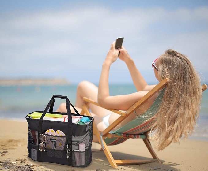 KABAQOO Mesh Beach Bag, Extra Large Beach Bags with 9 Pockets & Zipper Waterproof Lightweight Beach Tote for Beach/Pool Trip - Image 2