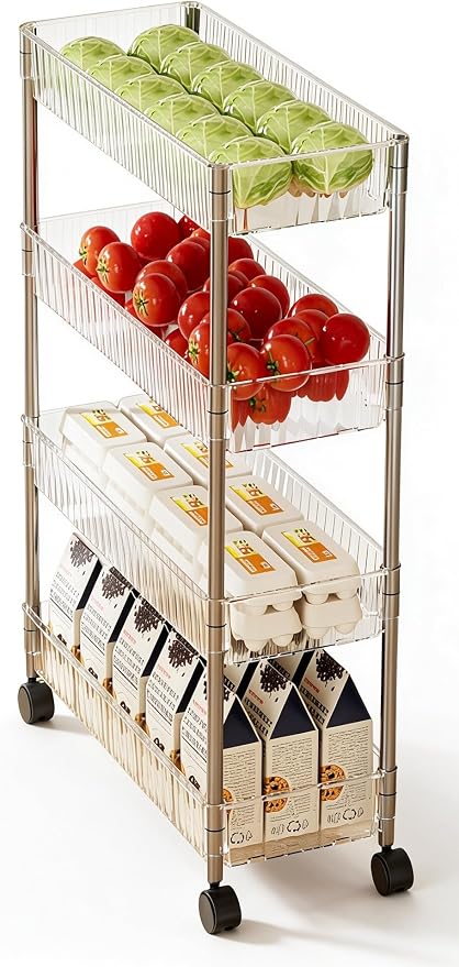 Sooyee Slim Rolling Storage Cart, 4 Tier, Clear | Bathroom Rolling Utility Cart Storage Organizer, for Office Bathroom Kitchen Laundry Room Narrow Places by Sooyee