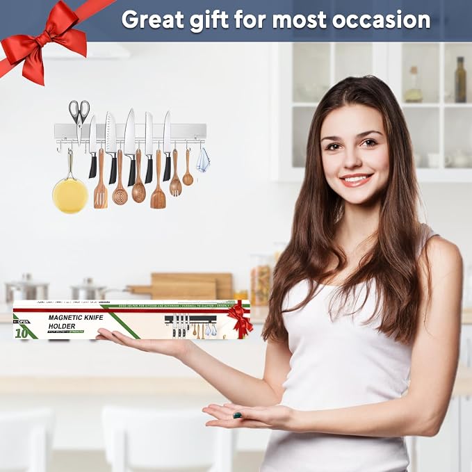 20 inch magnetic knife holder with 10 hooks, no drilling knife magnetic strip, and utensil hanger for wall. Powerful knife magnet rack includes tape and screw - Image 6