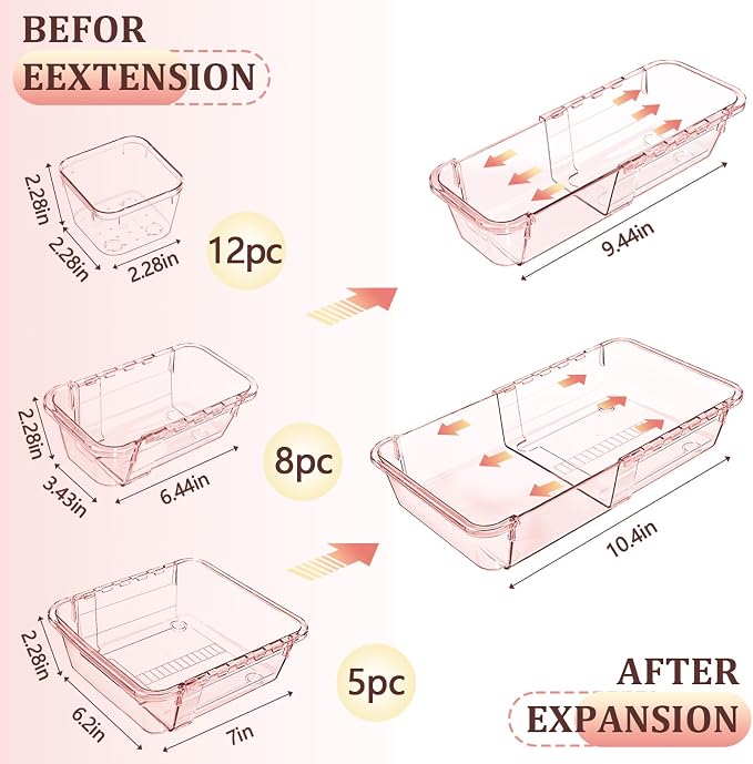 25 Pcs Clear Drawer Organizer, Adjustable Drawer Storage Box, 3-Size Desk Drawer Organizer, Acrylic Storage Bins for Makeup, Kitchen Utensils, Bedroom Dressers Tool Organizer for Gadgets, Pink - Image 2