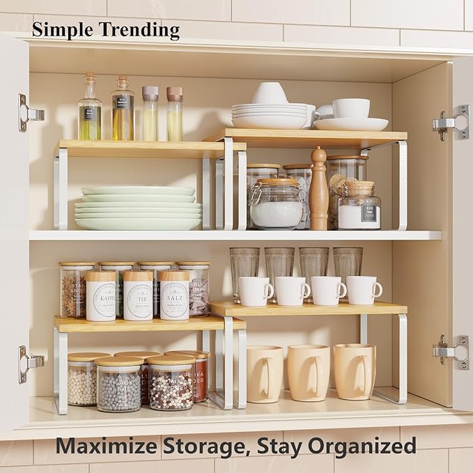 Simple Trending Bamboo Cabinet Organizer Shelf, Set of 4 Kitchen Counter Shelves, Stackable Expandable Spice Rack Pantry Cupboard Organizer, White and Natural - Image 2