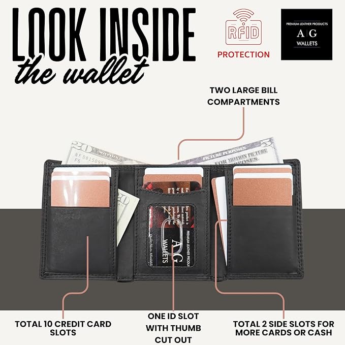 AG Wallets RFID Blocking Wallet for Men - Trifold Minimalist Slim Wallet with 10 Credit Card Slots & 3 Side Slots - 100% Genuine Leather Travel Wallet - Secure Compact Wallet - Black - Image 2