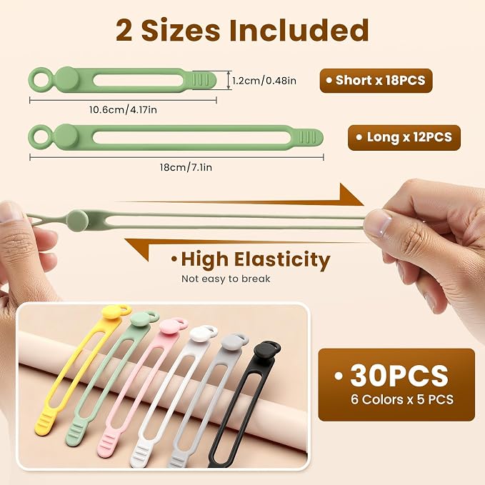 30 Pcs Silicone Cable Ties, Reusable Data Cable Organizer Wire Organizers for Office, Multipurpose Elastic Cord Wraps Cable Management for Charging Cord,Appliances,Home,Office,Kitchen,School,Travel | High Elastic, Multipurpose, Cable Management for Cha... - Image 2