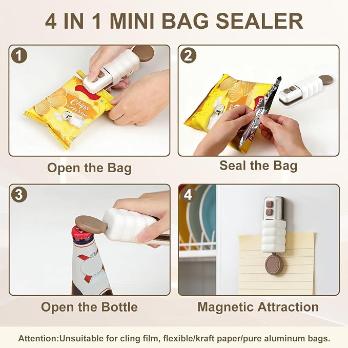 4 in 1 Mini Bag Sealer, Upgraded Mini Bag Sealer with Cutter and Magnet, USB C Rechargeable Chip Bag Sealer for Plastic Snack Bags, Bag Sealer Handheld for Food & Kitchen Storage (White) - Image 4