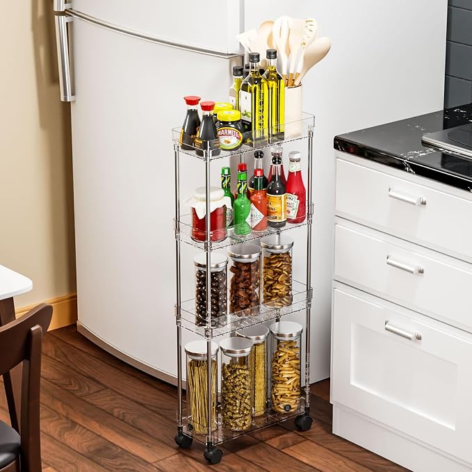 Clear 4 Tier Slim Rolling Storage Cart with Wheels,6.3″W Thin Shelf,Bathroom Storage Cabinet,Skinny Laundry Cart,Narrow Laundry Room Cart Between Washer and Dryer,Skinny Shelves for Small Space - Image 7