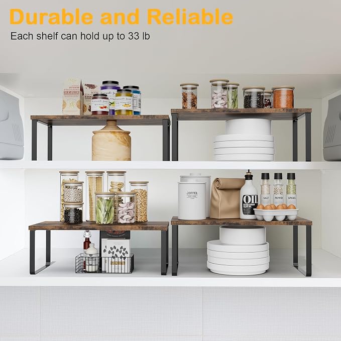 OGEMXU Cabinet Shelf Organizers, 15.7 inches Large Kitchen Counter Shelf, Set of 4 Wood Kitchen Pantry Organizer, Storage Shelves for Countertop, Spice Rack, Stackable, Expandable, Metal Black, Brown - Image 5