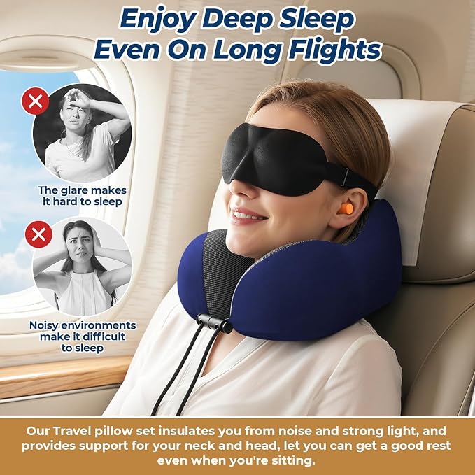 ExploreBliss Travel Pillow, Memory Foam Neck Pillow Airplane, Blue | Travel Pillows for Airplanes, Neck Pillow Airplane, Memory Foam Neck Pillow Set with Eye Mask, Earplugs - Image 5