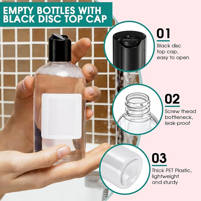 3Pcs 8 oz Clear Plastic Refillable Travel Bottles with Black Disc Top Caps | Squeeze Empty Shampoo Bottles, For Shampoo and Conditioner, For Lotions, Body Soap Cream, Cosmetic Containers - Image 4