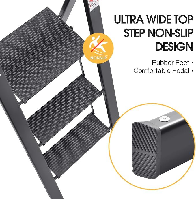 KINGRACK Aluminium 3 Step Ladder, Lightweight Step Stool with Non-Slip Pedals, Handrail, 330 LBS Foldable Step Ladder for Kitchen, Garage, Home, Space Saving, Sturdy and Portable, Black - Image 3