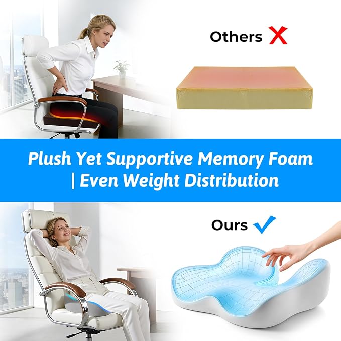 Seat Cushion for Tailbone & Sciatica Pain Relief | Certified & Ergonomist-Designed,Tapered Front Edge Reduces Thigh Pressure,Wide Memory Foam for Office Chair, Car, Wheelchair - Image 5