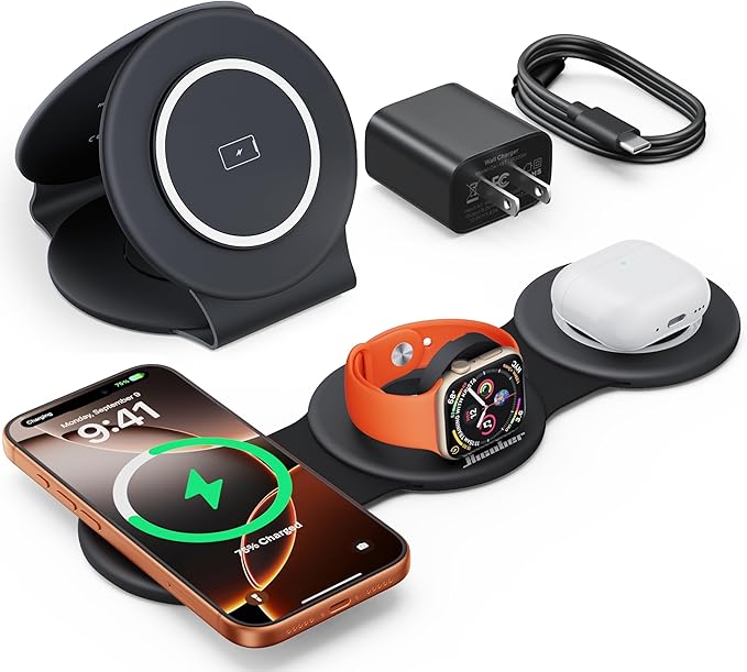 HICOBER 3 in 1 Charging Station for Multiple Apple Devices, Compatible with iPhone 17/16/15/14/13, Apple Watch & AirPods, Foldable Fast Wireless Charger & Travel Charger for Home/Office/Trips by Hicober