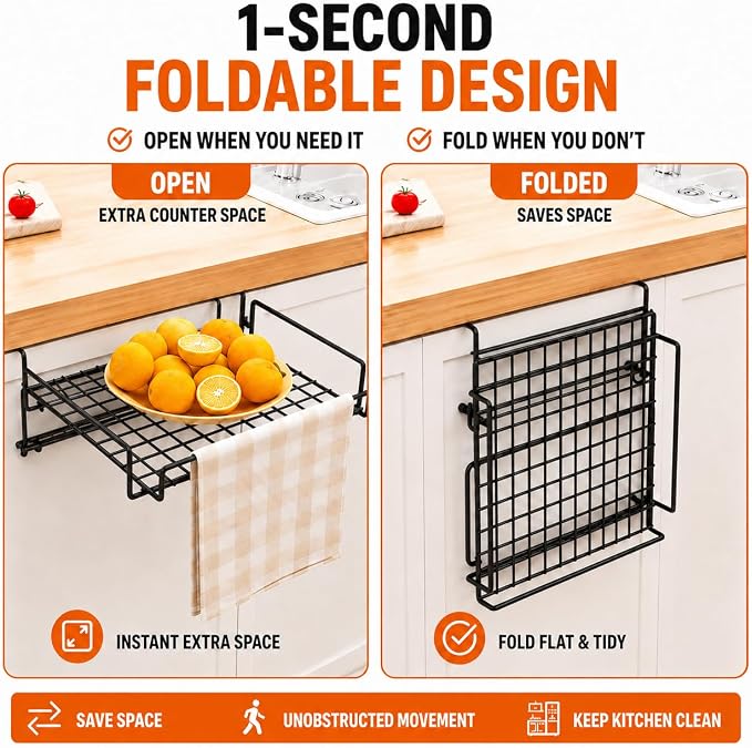 Kitchen Counter Extender, 1-Sec Foldable Over Cabinet Door & Drawer Organizer Shelf, No Drill Hanging Storage Rack Space Saver with Towel Bar for RV & Renters (Carbon Steel Black) - Image 3