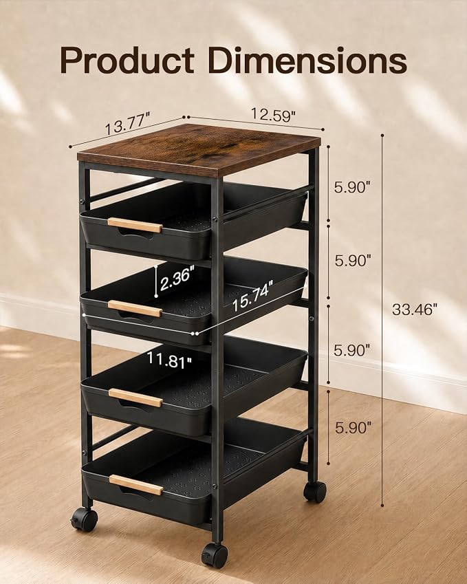 Pipishell Rolling Storage Cart with Drawers & Lockable Wheels, Black | 5 Tier Kitchen Cart with Safety Stops & Vented Design, Wood Top, Pull-Out Utility Cart for Kitchen, Home Office, Bedside - Image 6