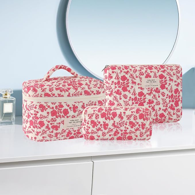 URSKYTOUS 3Pcs Cotton Quilted Makeup Bag for Women Large Small Travel Cosmetic Bag Set Cute Pink Floral Print Makeup Pouch for Purse Portable Skincare Bags Coquette Vintage Puffy Travel Essential - Image 5