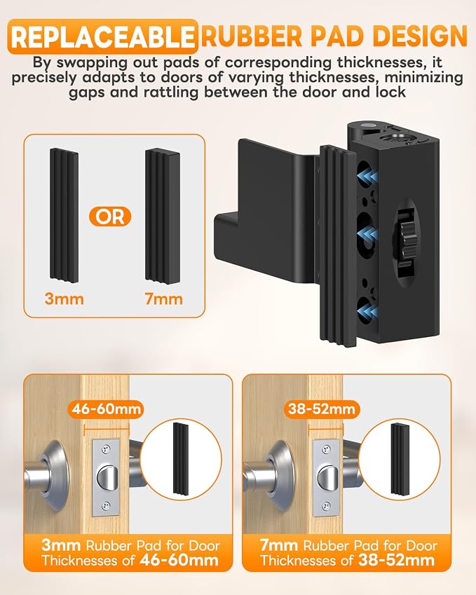 Portable Door Reinforcement Lock for Travel & Home, No Screws Instant Install Safety Lock for Inward Swing Front Door, Hotel, Apartment - Extra Latch from Inside Withstand 800lbs (Black-3PCS) - Image 3