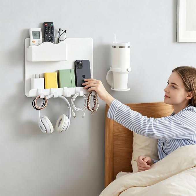Bedside Wall Shelf for Teen Girls Dorm Room Essentials Bunk Bed Stuff | No Drill Floating Shelves with Cup Holder, Aesthetic Cute Girls Room Decor Aesthetic Stick Bedroom Accessories Organizer - Image 7