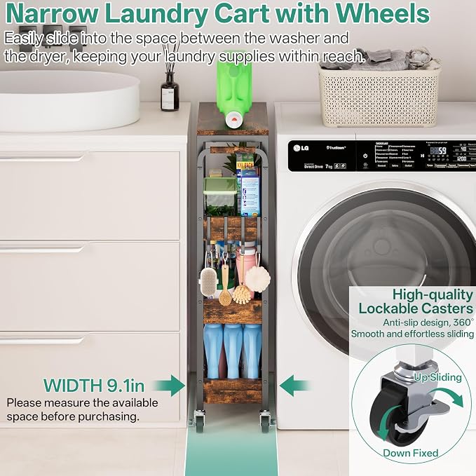DTUQYX Slim Bathroom Storage Cart, 4 Tier Small Rolling Organizer Cabinet with Wood Top Handle, Mobile Shelving Unit Slide Out for Office, Kitchen, Laundry Room & Narrow Places (9.1" W Wood Basket) - Image 3