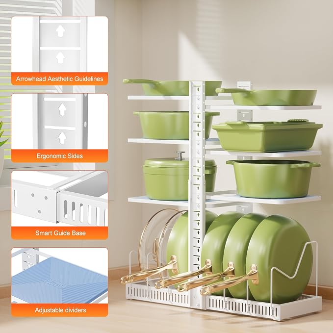 LAMU Pots and Pans Organizer under Cabinet, Pan Pot Organizers inside Cabinet with 6 Shelves and Pot Lid Organizer, Adjustable Height Up to 24", Holds up to 12 Pans, Lightweight Pots, White - Image 6
