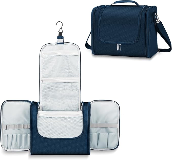 Buruis Extra Large Hanging Toiletry Bag for Women and Men, Blue | Honeycomb Nylon, Detachable Shoulder Strap, Dual Zippers, Metal Hanging Hook, Full-Size Toiletry Storage, Travel Essentials by KeepYourBathroomKitchenandHomeOrganized