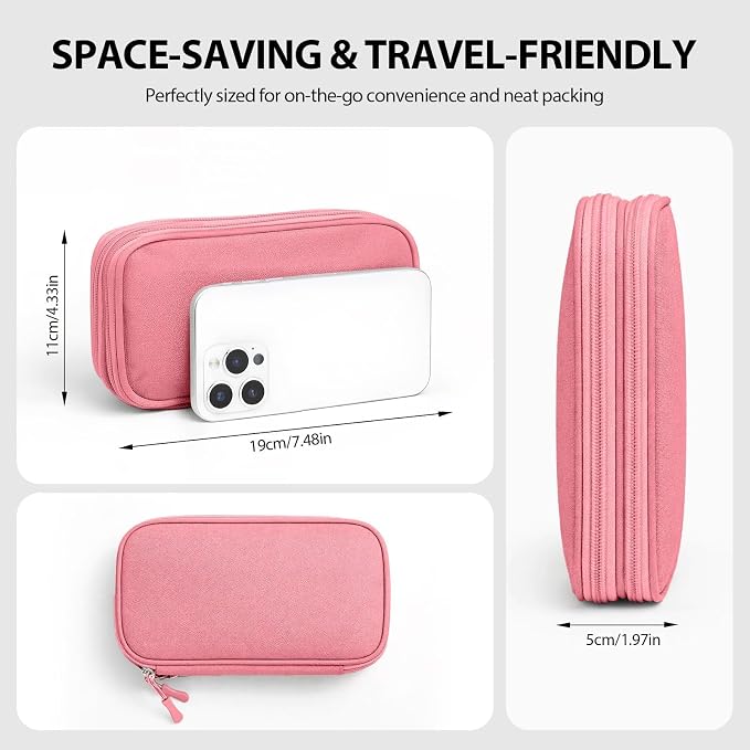 Travel Electronics Organizer, Double Layer Tech Pouch, Pink | Water-resistant Oxford fabric with padded lining. 8 compartments hold chargers and 3ft+ cords. Includes 8 cable ties. - Image 2
