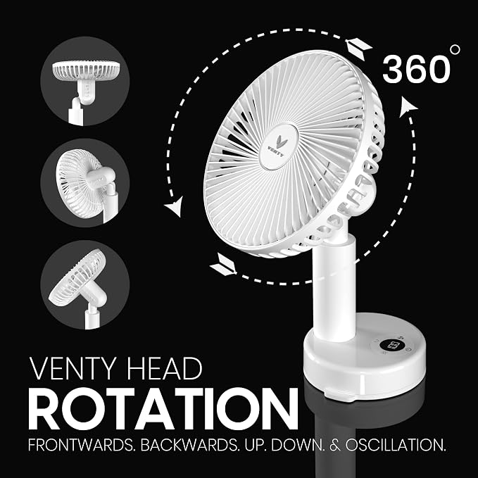VENTY Portable Clip Fan - Rechargeable 10-Hour Battery Portable Fan - 360° Rotation & 90° Tilt - Stroller Fan, Desk Fan or Bedside Fan - Aromatherapy & LED Light - USB-C Rechargeable Clip On Fan - Image 5