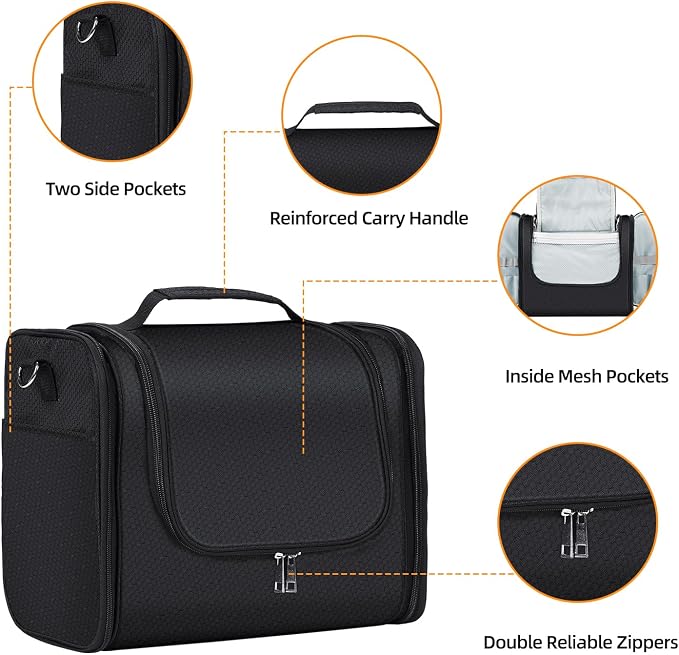 Buruis Extra Large Hanging Toiletry Bag for Women and Men, Black | Honeycomb Nylon, Detachable Shoulder Strap, Dual Zippers, Metal Hanging Hook, Full-Size Toiletry Storage, Travel Essentials - Image 4