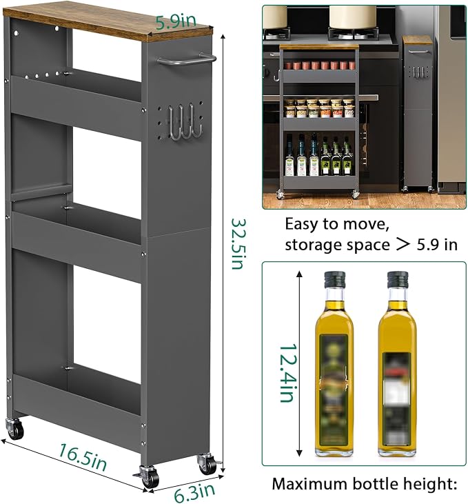 XYZLVSI Slim Storage Cart, Narrow Kitchen Rolling Cart for Small Spaces | 5.9" W skinny storage cart, 12.4" bottom metal utility cart with 360° swivel wheels for bathroom/laundry, slim shelf, Gray - Image 8