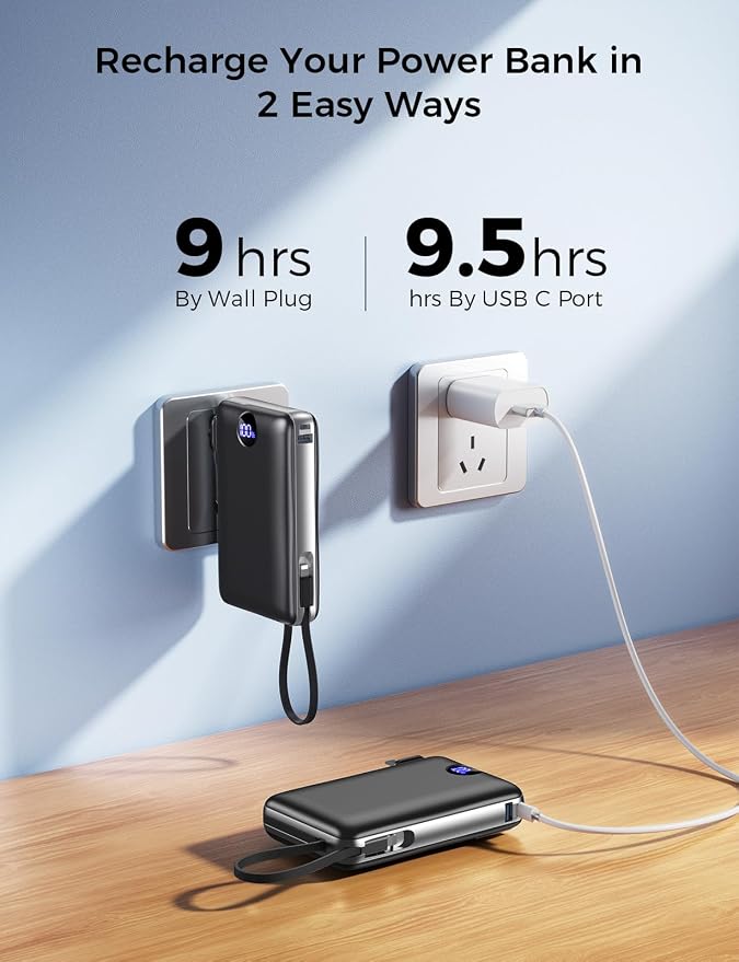 Portable Charger Power Bank 50000mAh Massive Capacity with Wall Plug | Built-in USB-C & iOS Cables, 22.5W Fast Charging Battery Pack with LED Display, Travel Essential for Camping, iPhone, Samsung - Image 8