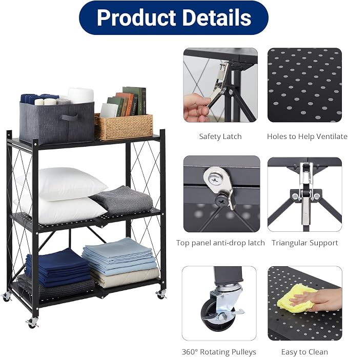 3 Tier Foldable Storage Shelves with Wheels, Metal Collapsible Organization Storage Rack, No Assembly Folding Bookshelf, Rolling Storage Rack for Kitchen, Bedroom, Pantry, Garage, Display, Black - Image 9