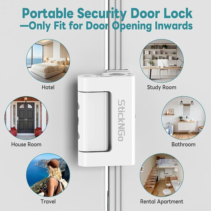 Upgraded Portable Security Door Reinforcement Lock - No Drilling Flip Lock Latch Prevents Unauthorized Entry Fits Inward-Opening Doors, Apartment, Hotel, Travel (White-1 Pc) - Image 8