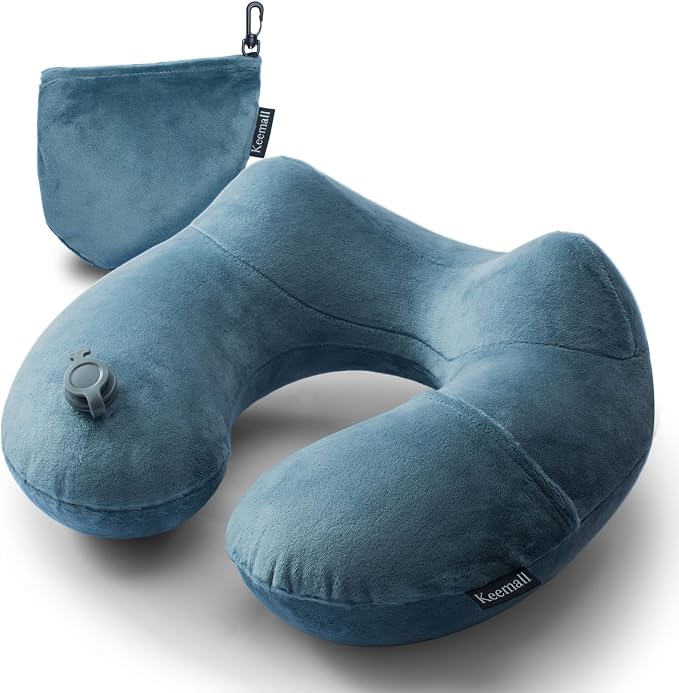 Keemall Inflatable Travel Neck Pillow, Cervical Support for Airplane & Car | Upgraded Ergonomic Blow-Up Cushion with Washable Cover, Relieves Neck Pain for Office Naps, Car Trips & Long Flights, Grey by Keemall