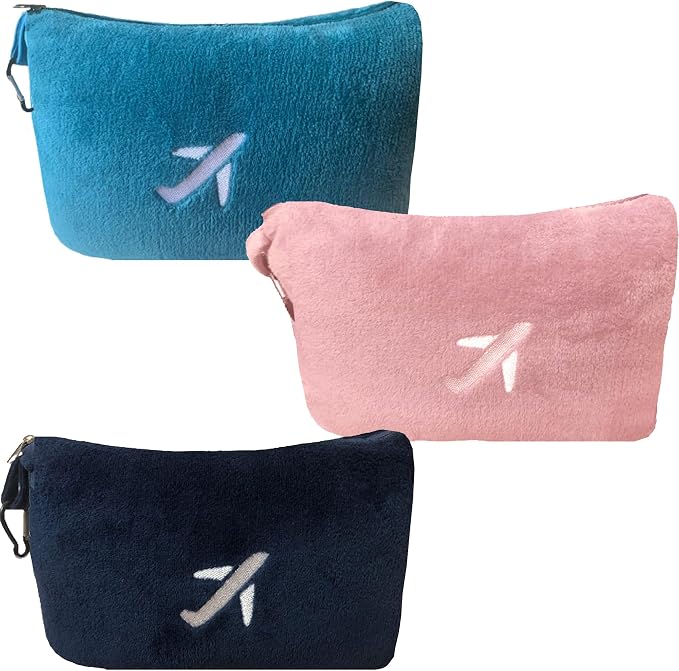 BlueHills Premium Soft Mini Plush Travel Blanket Value Pack Set of 3 - Airplane Travel Essential Flight Blanket Throw in a case Compact Car Plane Travel Gift – Teal Blue, Navy Blue and Pink by BlueHills