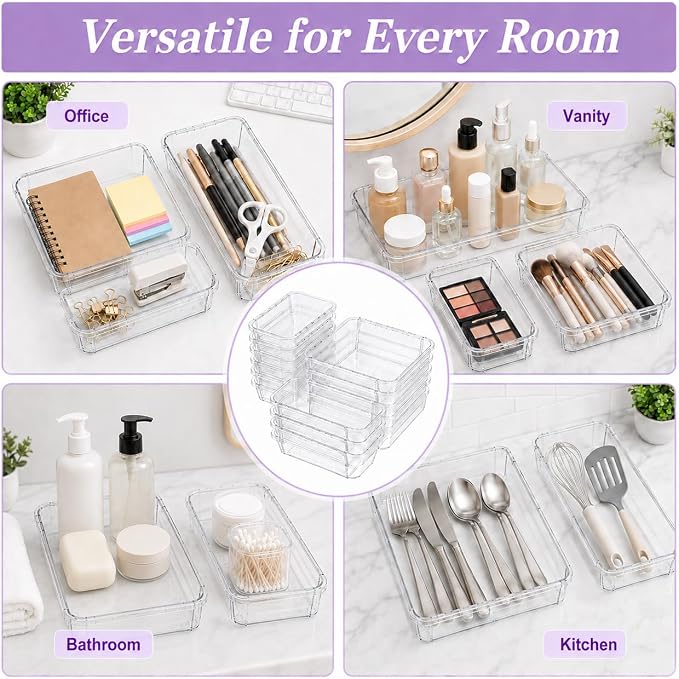 Clear Expandable Drawer Organizer Set, 16PCS Adjustable Drawer Organizers for Makeup, Cosmetics, Jewelry, Skincare, Bathroom, Kitchen & Dresser Storage, Transparent PET Drawer Storage Bins, 2 Sizes - Image 7