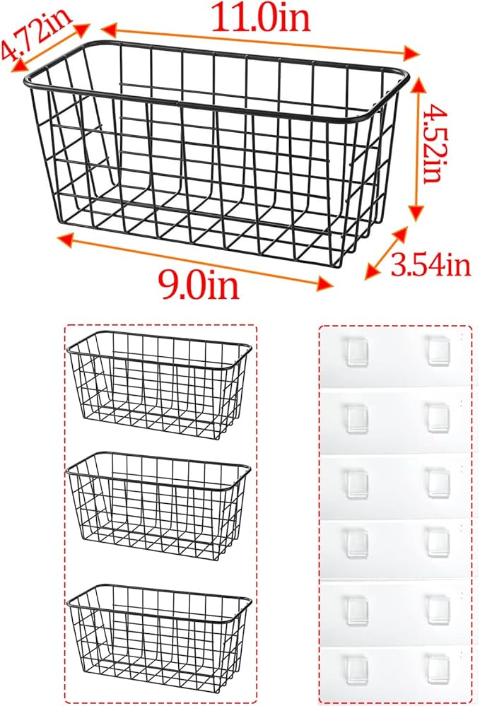 3 Set LeleCAT Adhesive Over the Cabinet Door Wire Baskets for Organizing for Kitchen Food Pantry Bathroom Shelf Storage No Drilling Wall Mounted,Black - Image 2