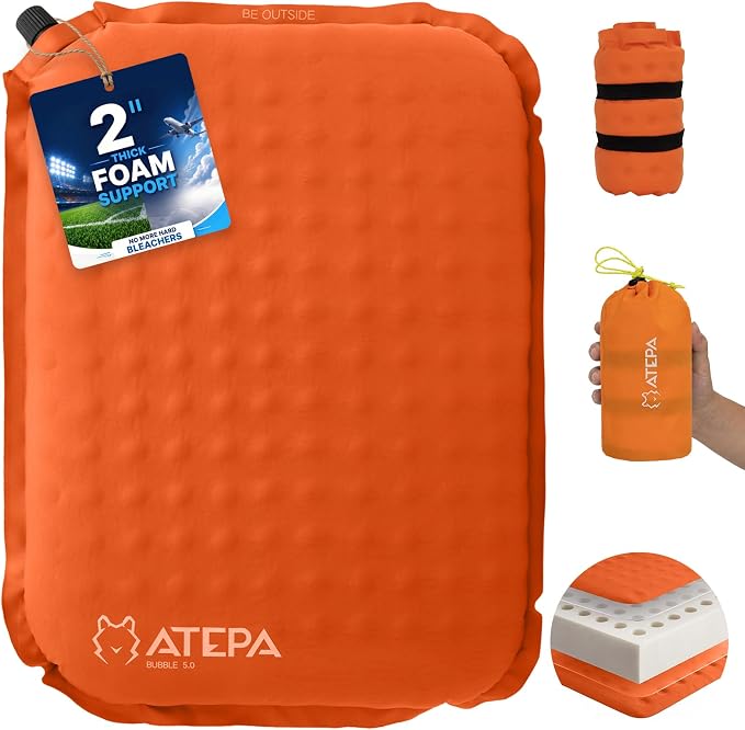 ATEPA Inflatable Seat Cushion | 2" & 2.5" Foam Core Seat Pad, Self Inflating, Compact, Stadium, Airplane, Travel, Camping, Hiking, Sports events by ATEPA