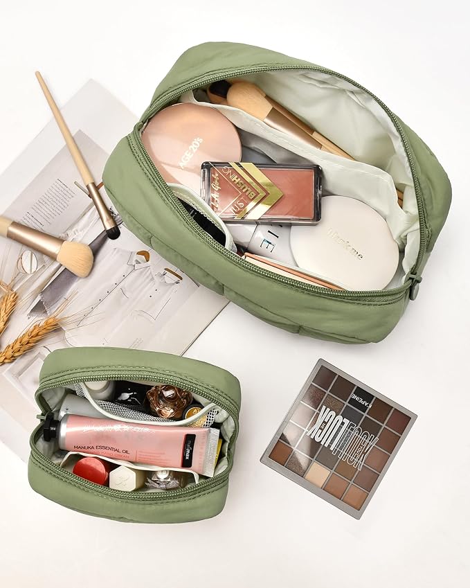 2 Pcs Makeup Bag Travel Toiletry Bag for Women Puffy Padded Cosmetic Pouch Purse Wide-open Makeup Organizer Case Travel Essentials - Image 2