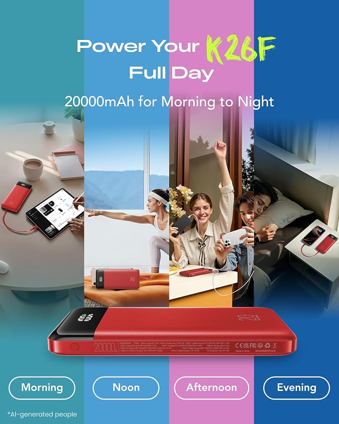 Orfeika 20000mAh Power Bank, Portable Charger with 4 Built-in Cables | 20W PD USB C Fast Charging,6 Outputs,LED Display,Flight-Safe,Travel Essentials Battery Pack for iPhone, Galaxy, iPad & More - Image 9