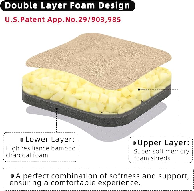 GOFORIT Memory Foam Cushion，Square Seat Cushions for Dining Chairs,Non-Slip Chair Pads with Removable Cover, 16'' x 16'', 2 Pack,Khaki - Image 3