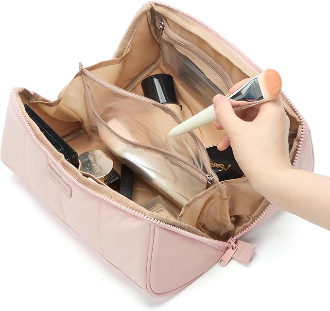 NISHEL Travel Makeup Bag for women, Organizer Pouch Cosmetic Case | Open-flat design keeps cosmetics, brushes, and beauty tools organized for travel and daily routines, Large, Pink - Image 4