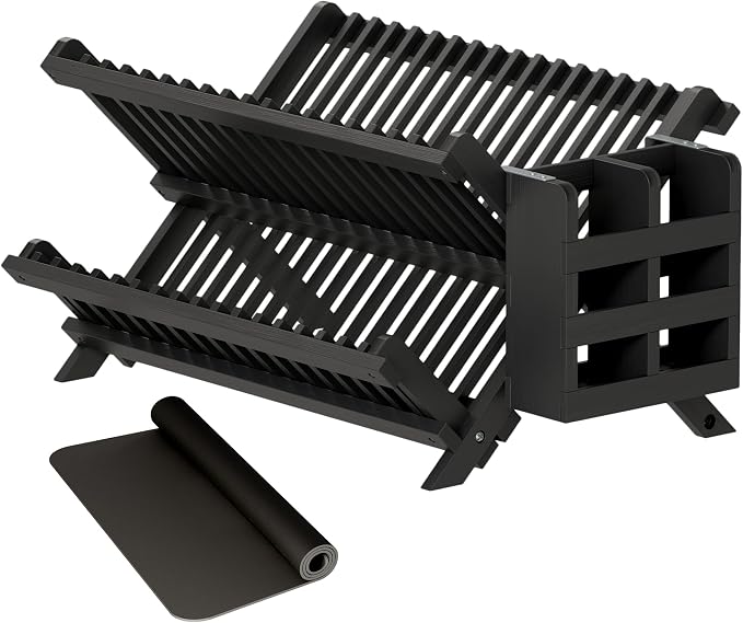 Greenual Black Bamboo Dish Drying Rack with Utensil Holder, 2 Tier Collapsible Dish Rack, Wooden Dish Racks for Kitchen Counter, Folding Drying Holder with Absorbent Dish Drying Mat by Greenual