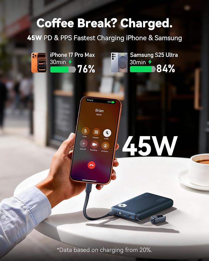 INIU 45W Fast Charging Portable Charger, Smaller 10000mAh Travel Power Bank | Flight-Safe, Detachable USB C Cable, Travel Essential, External Battery Phone Pack for iPhone 17 Samsung S26 iPad etc, Blue - Image 3