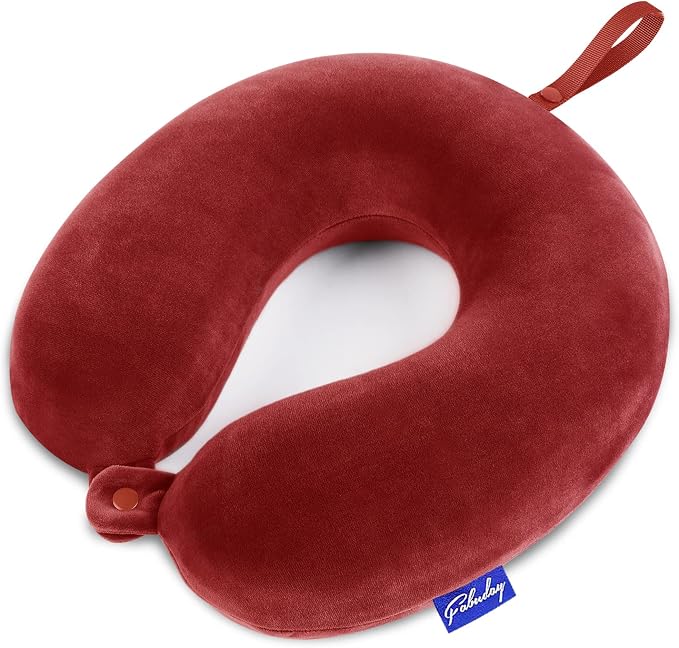Neck Pillows for Travel - Airplane Pillow for Long Flight with Attachable Snap Strap Washable Cover, Memory Foam Travel Rest Pillow for Airplanes, Plane, Neck Support for Adults Red by Fabuday