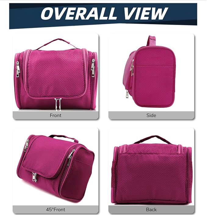 Buruis Large Capacity Waterproof Toiletry Bag for Women, Hanging Toiletry Organizer, 11"x 6.2"x 8.8", Fushcia | Honeycomb Nylon Design, Large Capacity, Dual Zippers, Sturdy Hanging Hook, Full-Size Toiletry Storage, Cosmetic Essentials - Image 3